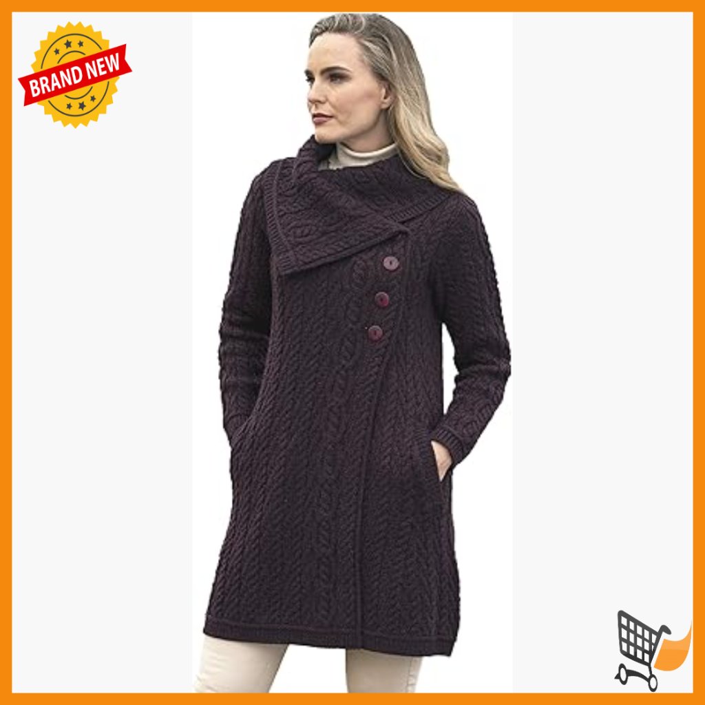 100% Merino Wool Cable Knit Overcoat With Chunky Collar And Pockets